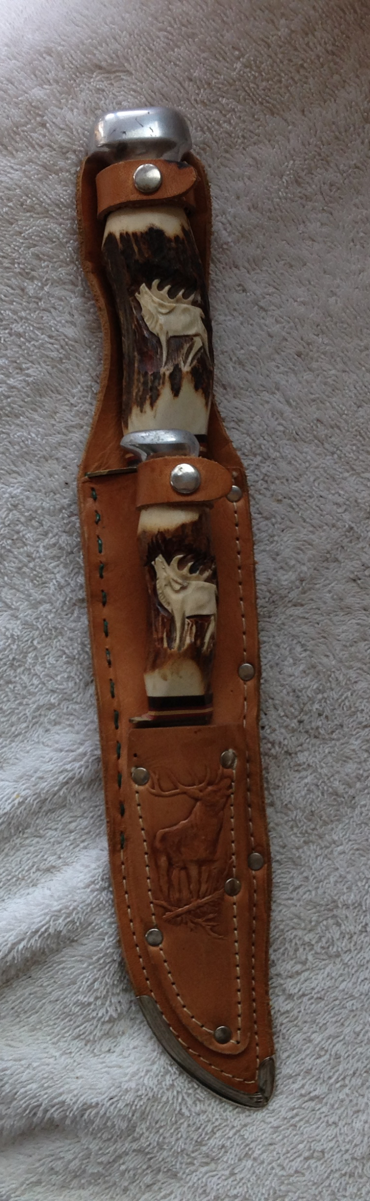 BARON SOLINGEN GERMANY HUNTING KNIFE SET WITH CARVED ELK ANTLER HANDLES